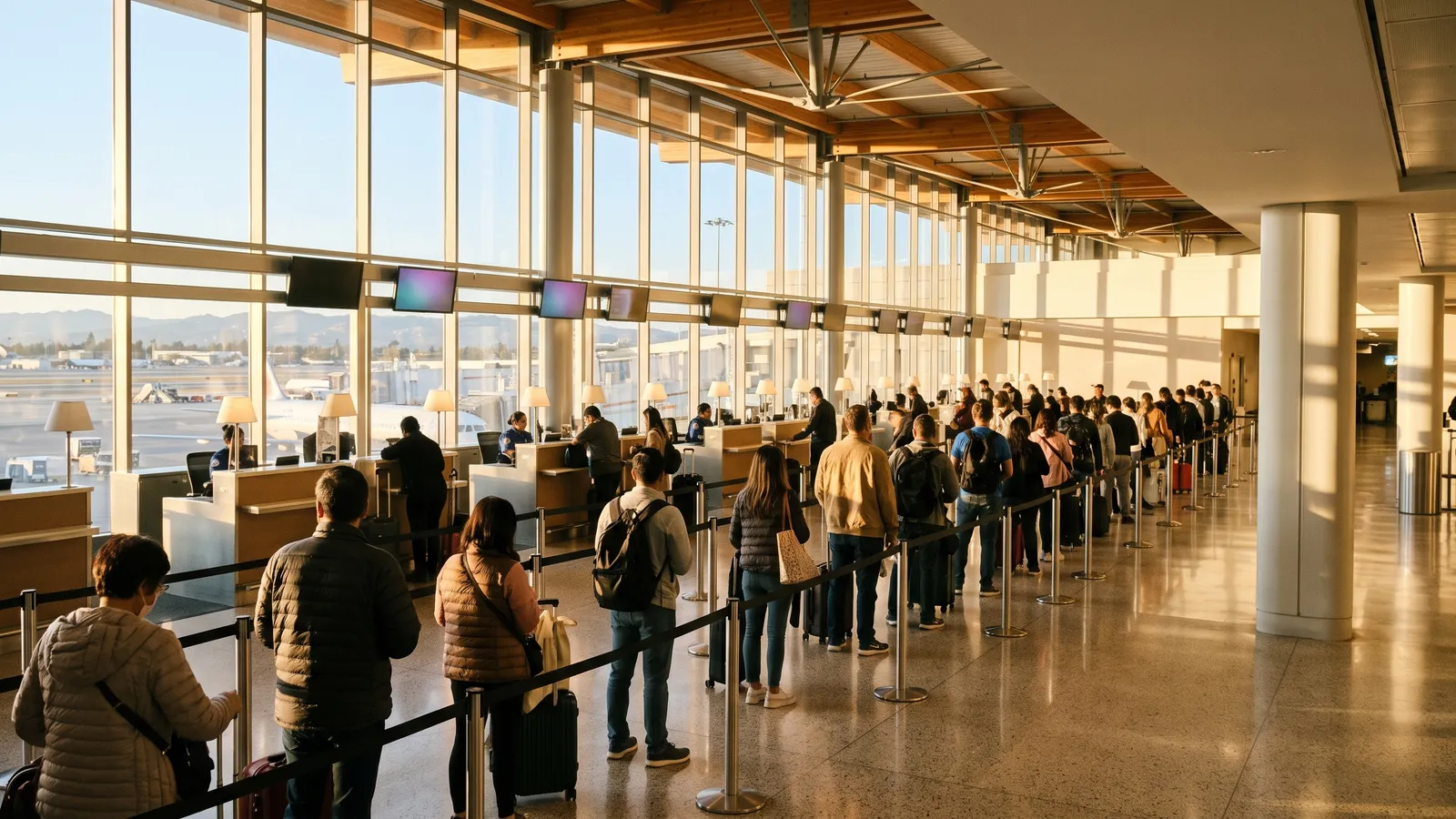Travelers queuing at immigration booths in a bright arrivals hall