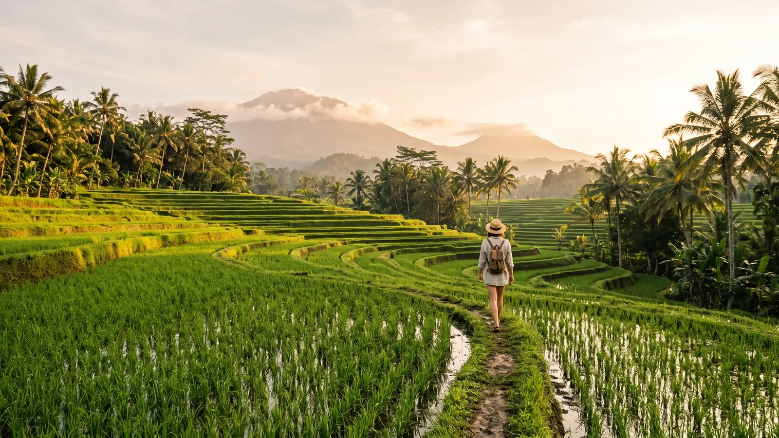 A traveler walking between green rice terraces in Bali