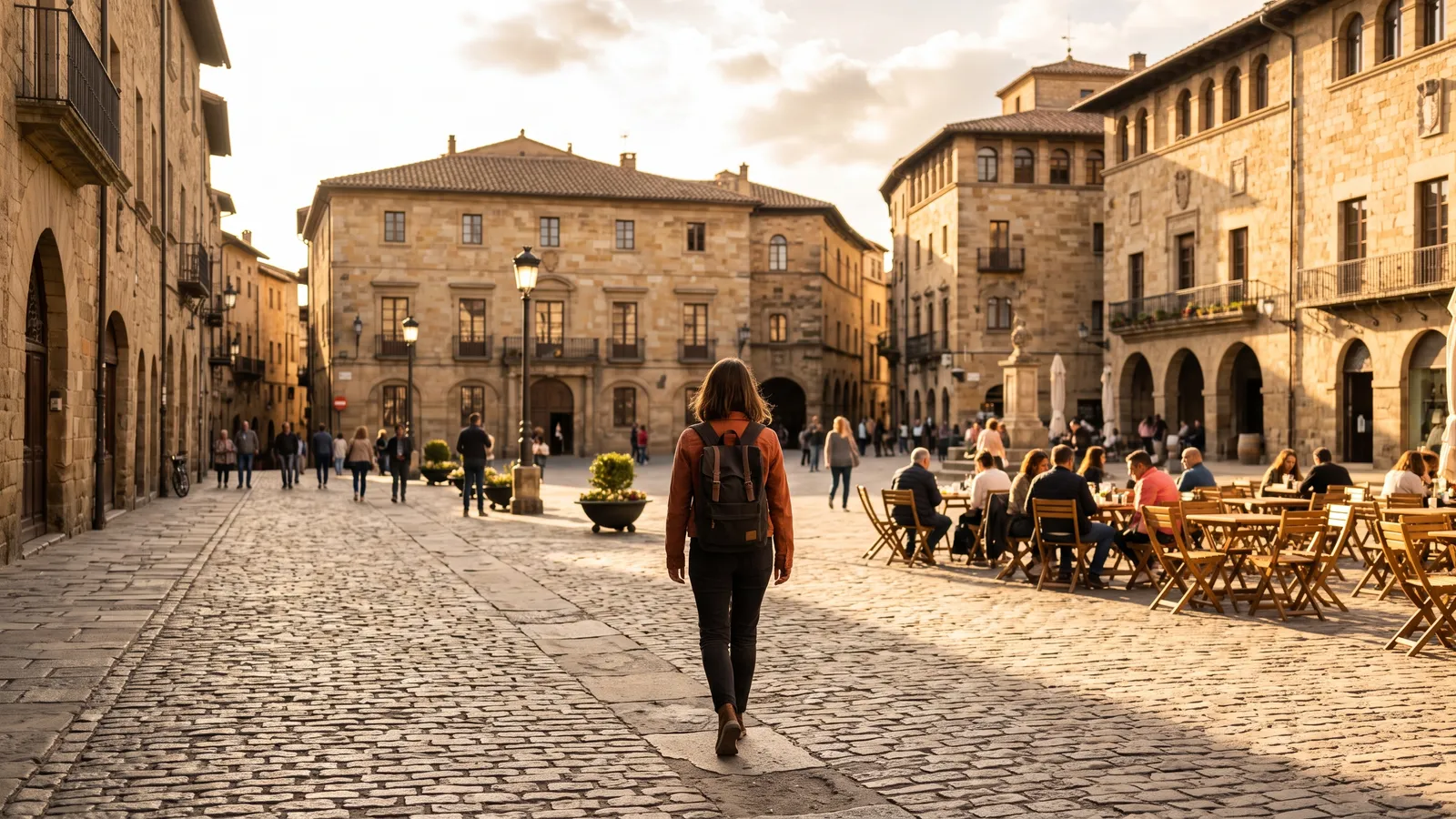 A traveler crossing a European old-town square in late afternoon light
