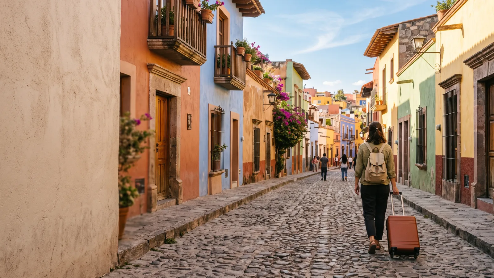 A traveler with a suitcase on a colorful colonial street in Mexico