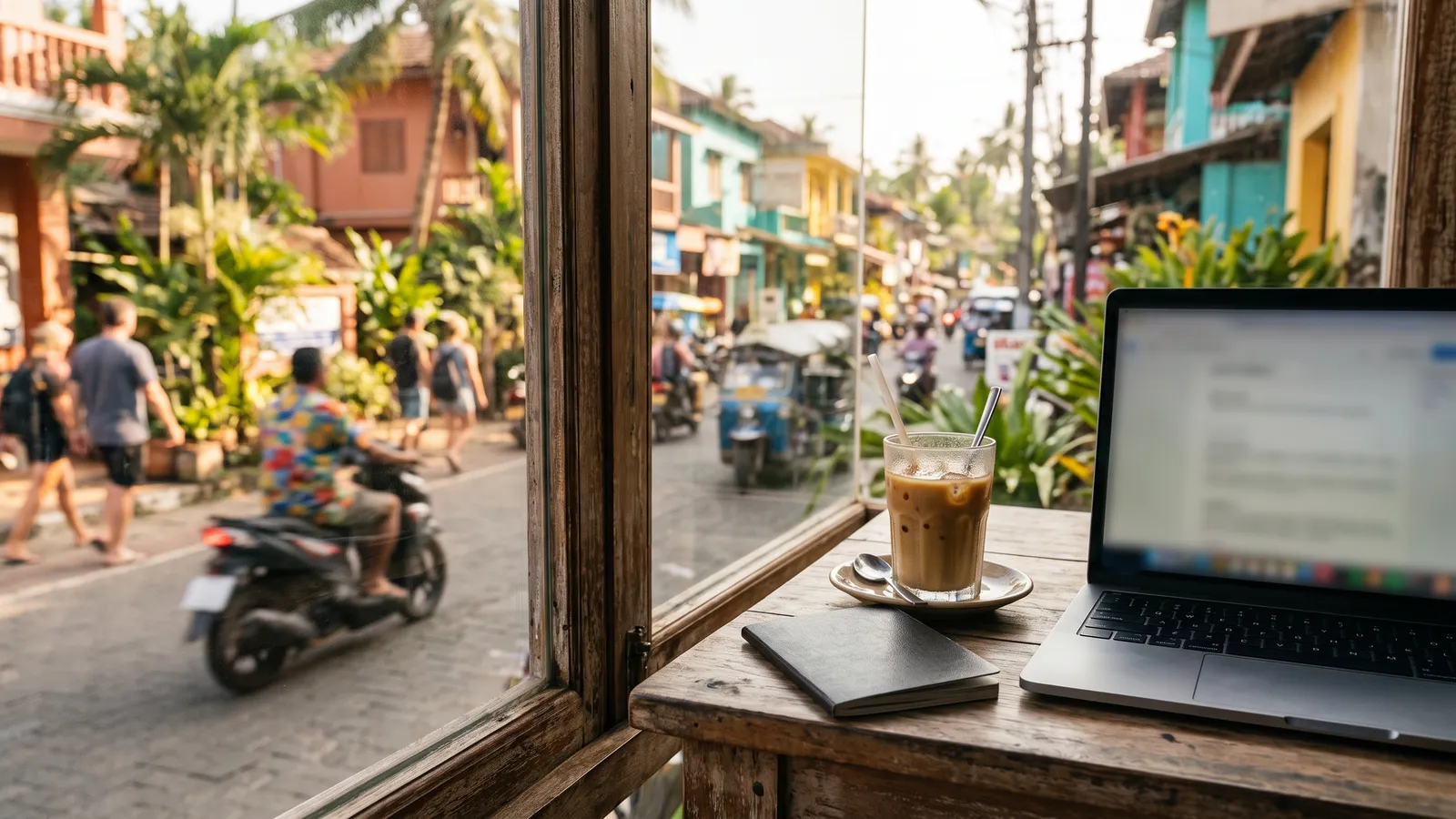 A laptop, a passport and an iced coffee on a café table by a window