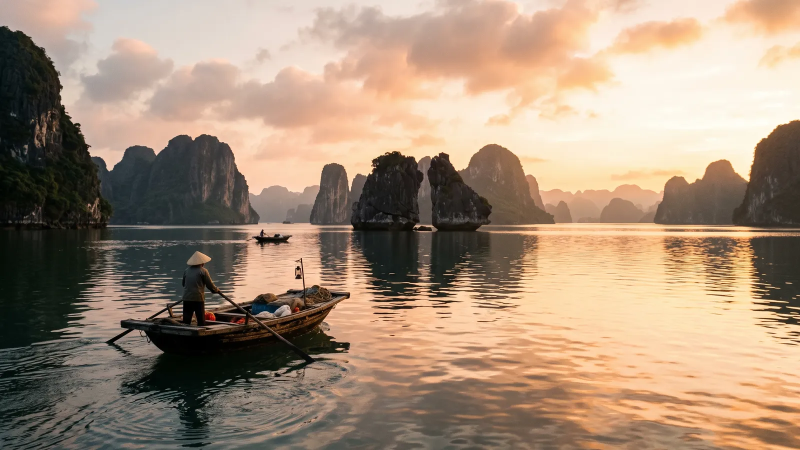 Limestone islands rising from a calm bay in northern Vietnam at sunrise